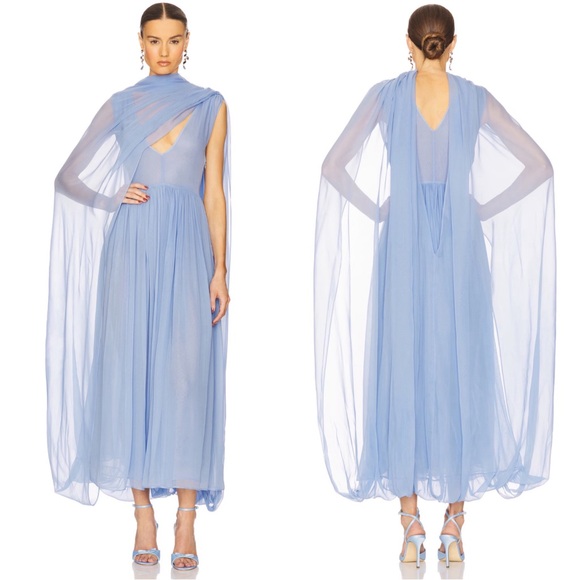HELSA Sabine Silk Cape Overlay Chiffon Sheer Hydrangea Blue Midi Dress Size S - Picture 2 of 15